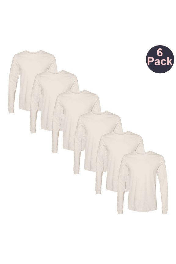 BELLA + CANVAS Men's Long Sleeve Jersey T-Shirt, Durable Crew Neck Natural Color Tee, 6-Pack, S