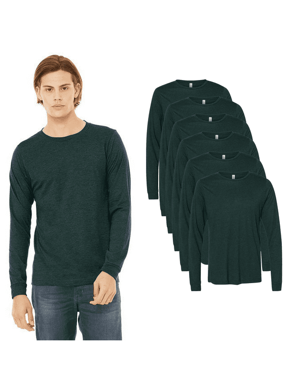 BELLA + CANVAS Men’s Long Sleeve T-Shirt, Pullover Crew Neck Triblend Long Tee, ( Emerald, Pack 6, 3XL )