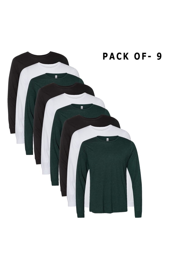 BELLA + CANVAS - Mix Color T-Shirt | 3.8 Oz./yd², 50/25/25 Polyester/Cotton/Rayon | 9 Pack Long Sleeve Tee - L Size