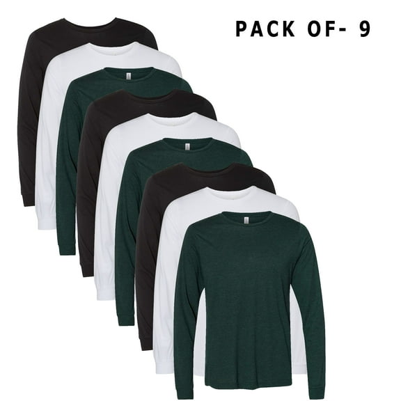 BELLA + CANVAS - Mix Color T-Shirt | 3.8 Oz./yd², 50/25/25 Polyester/Cotton/Rayon | 9 Pack Long Sleeve Tee - XL Size