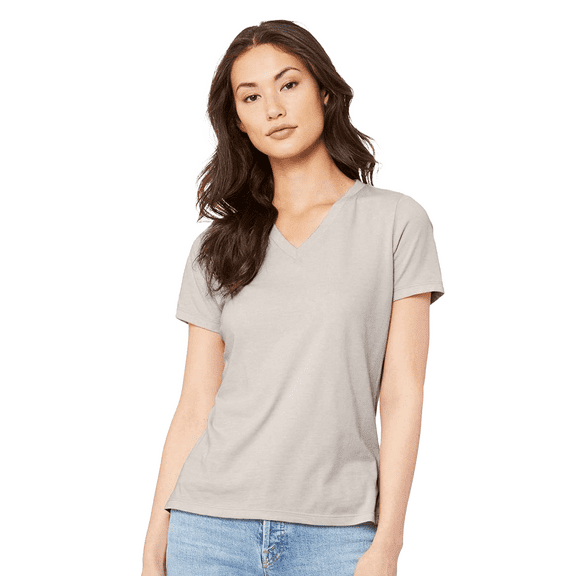 BELLA CANVAS Relaxed Fit Heather CVC Tee for Women, Short Sleeve V-Neck T-Shirt, Heather Dust, L