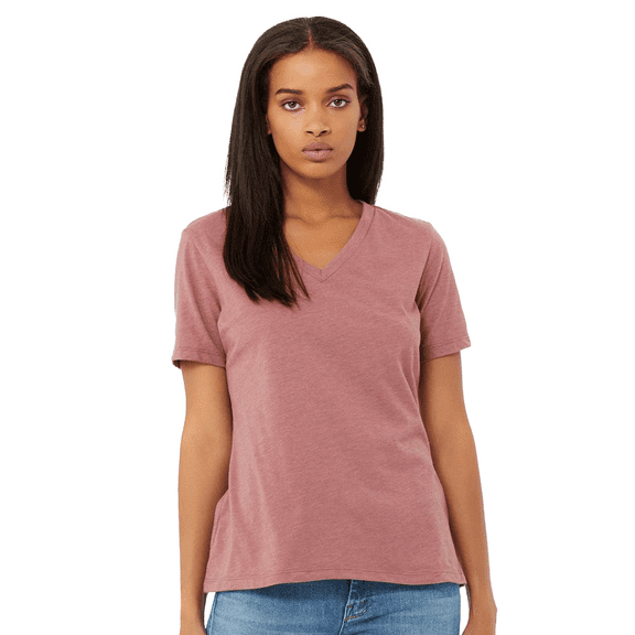 BELLA+CANVAS Relaxed Fit Heather CVC Tee for Women, Short Sleeve V-Neck T-Shirt, Heather Mauve, M