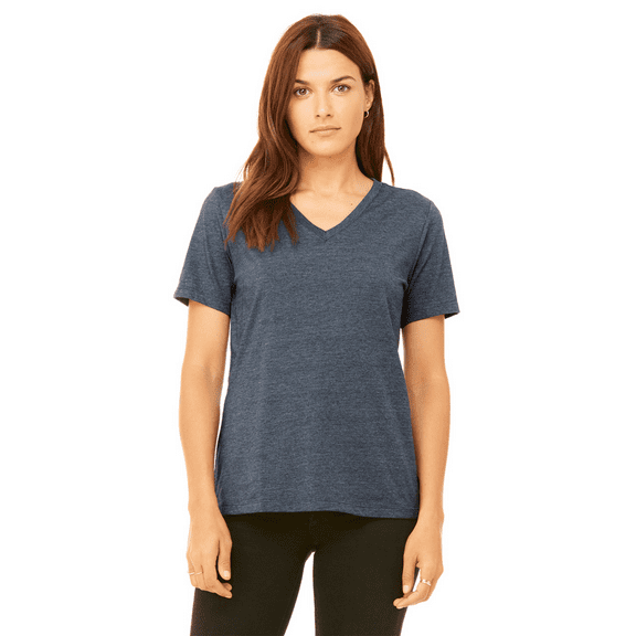 BELLA CANVAS Relaxed Fit Heather CVC Tee for Women, Short Sleeve V-Neck T-Shirt, Heather Navy, XL