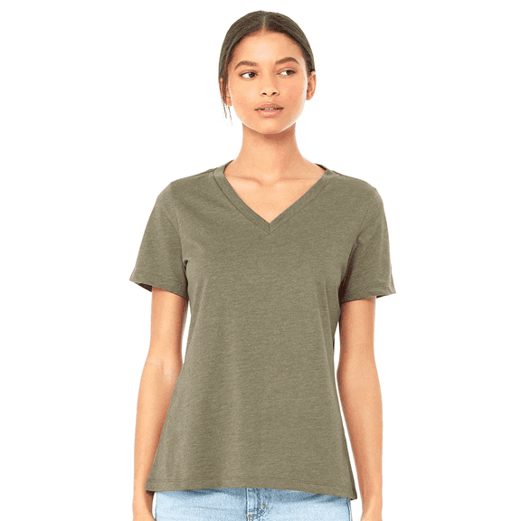 BELLA+CANVAS Relaxed Fit Heather CVC Tee for Women, Short Sleeve V-Neck T-Shirt, Heather Olive, S