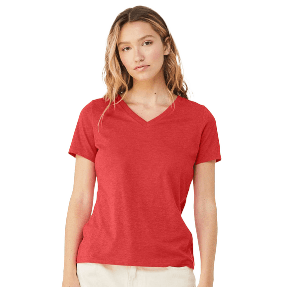 BELLA+CANVAS Relaxed Fit Heather CVC Tee for Women, Short Sleeve V-Neck T-Shirt, Heather Red, M