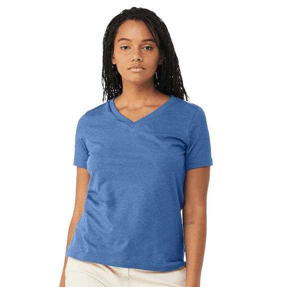 BELLA CANVAS Relaxed Heather CVC Tee for Women, Short Sleeve V-Neck T-Shirt, Heather True Royal, L