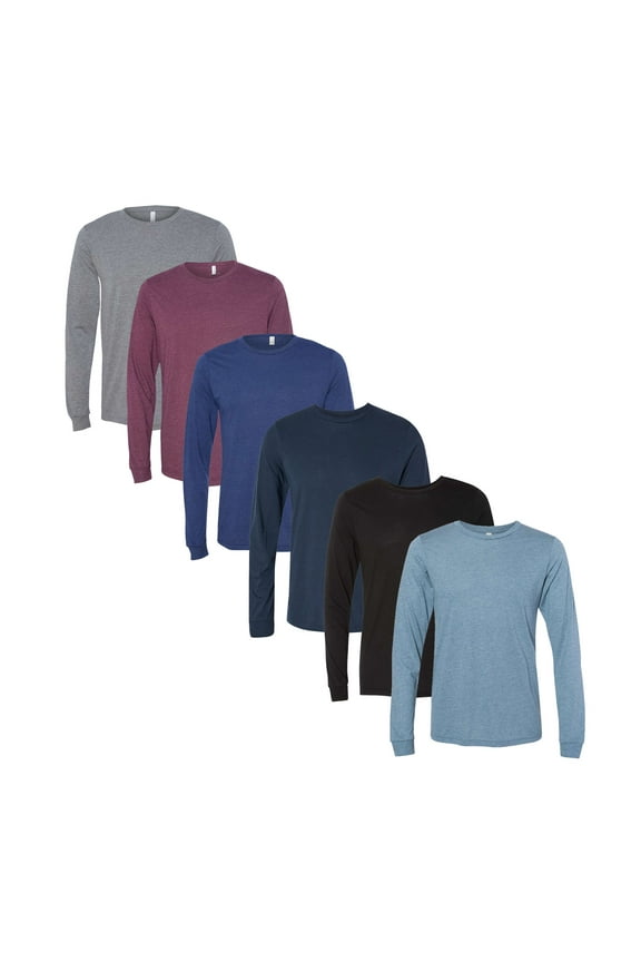 BELLA + CANVAS Triblend Long Sleeve Tee - 3513 | 3.8oz Assorted Mix Color Crew Neck Casual Long T-Shirt for Unisex Size XL Bulk 6 Pack
