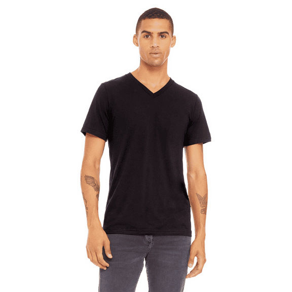 BELLA   CANVAS Triblend V-Neck T-Shirt for Men, Short Sleeve Tee Cotton-Poly-Rayon Blend, Black, S