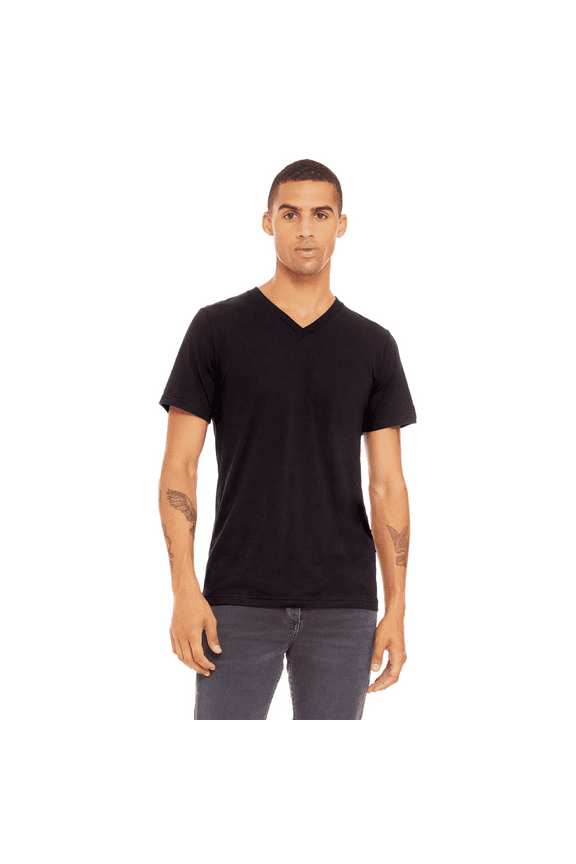 BELLA + CANVAS Triblend V-Neck T-Shirt for Men, Short Sleeve Tee Cotton-Poly-Rayon Blend, Black, S