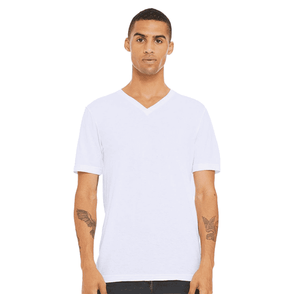 BELLA CANVAS Triblend V-Neck T-Shirt for Men, Short Sleeve Tee Cotton-Poly-Rayon Blend, White, L