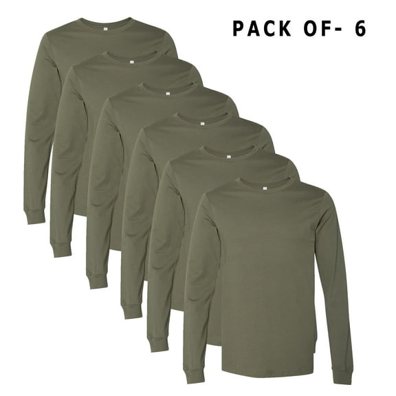 BELLA CANVAS Unisex Jersey Long Sleeve T-shirt | 4.2 oz Crewneck Tee, Size-L Pack 6 Military Green