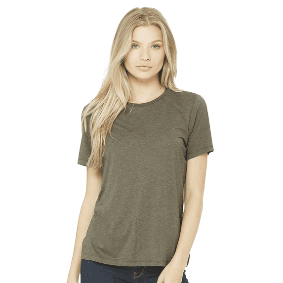 BELLA+CANVAS Women Relaxed Fit Triblend Tee, Short Sleeve Crew Neck Shirt, Olive Triblend, M