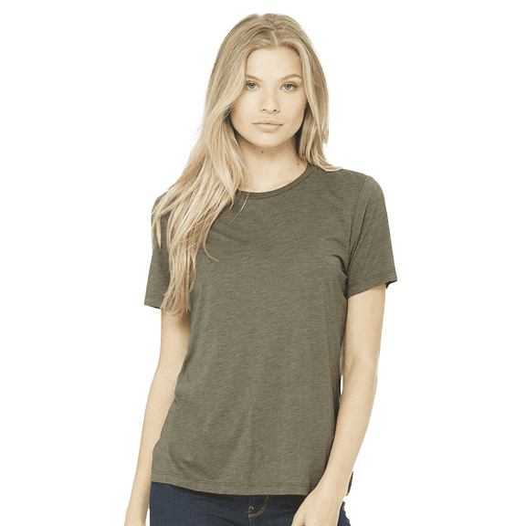 BELLA CANVAS Women Relaxed Fit Triblend Tee, Short Sleeve Crew Neck Shirt, Olive Triblend, S