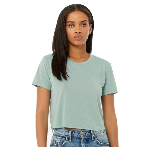 BELLA + CANVAS Women’s Flowy Crop Tee, Short Sleeve Crewneck T-Shirt, Dusty Blue, L