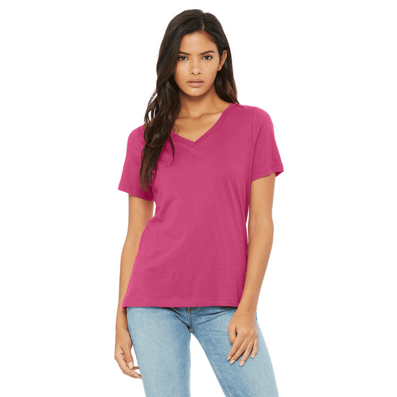 BELLA CANVAS Women's Jersey T-Shirt, Short Sleeve V-Neck Relaxed Fit Cotton Tee, Berry, Size S
