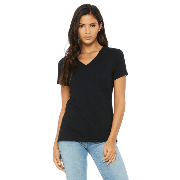 BELLA CANVAS Women's Jersey T-Shirt, Short Sleeve V-Neck Relaxed Fit Cotton Tee, Black, Size S