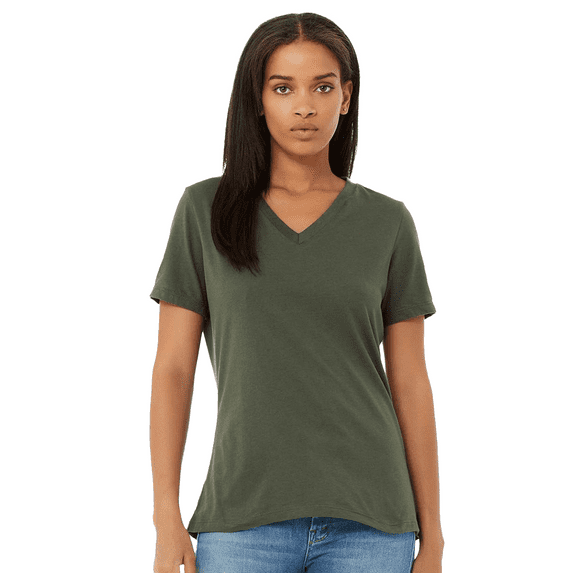 BELLA+CANVAS Women's Jersey T-Shirt, Short Sleeve V-Neck Relaxed Fit Cotton Tee, Military Green, Size S