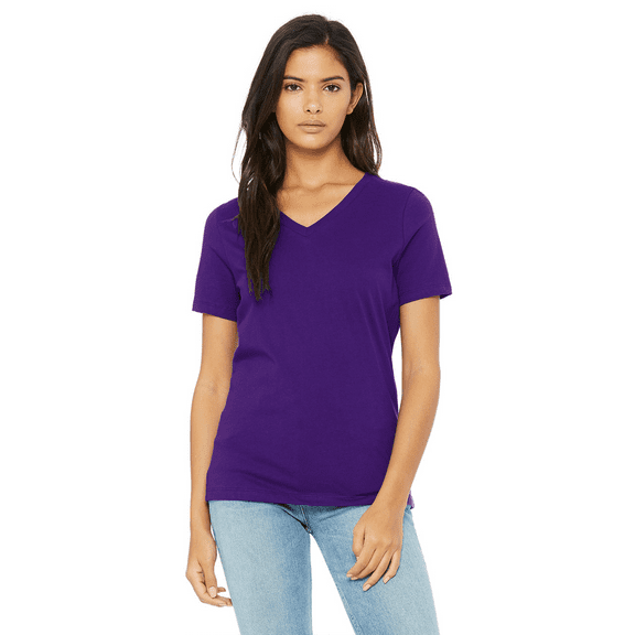 BELLA CANVAS Women's Jersey T-Shirt, Short Sleeve V-Neck Relaxed Fit Cotton Tee, Team Purple, Size S