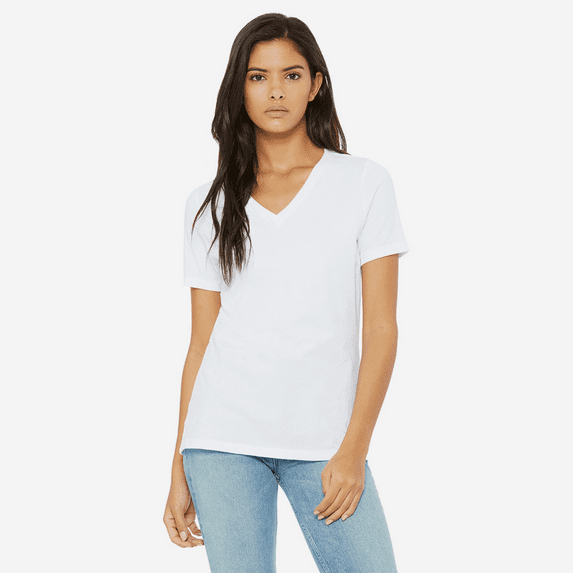 BELLA+CANVAS Women's Jersey T-Shirt, Short Sleeve V-Neck Relaxed Fit Cotton Tee, White, Size S