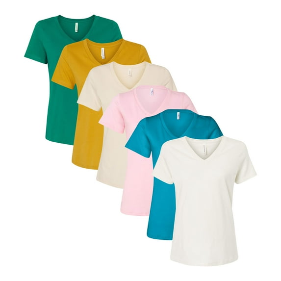 BELLA + CANVAS Women’s Jersey V-Neck T-Shirt, Assorted Short Sleeve Shirts 100% Ring-Spun Cotton Bulk V-Neck Tee, Mix Tees (Bright Color 6 Pack, S)