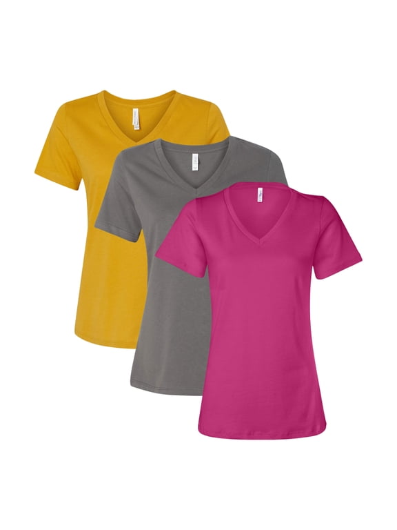 BELLA + CANVAS Women’s Jersey V-Neck T-Shirt, Assorted Short Sleeve Shirts 100% Ring-Spun Cotton Bulk V-Neck Tee, Mix Tees (Dark Color 3 Pack, L)