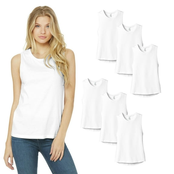 BELLA CANVAS Women's Muscle Tank, Jersey Cotton Tee, Relaxed Fit, White Pack of 6, S