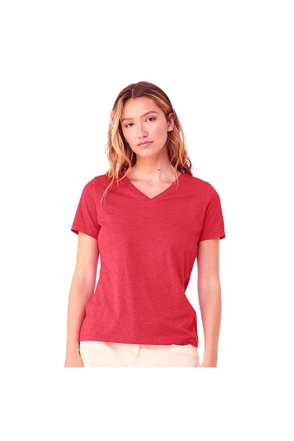 BELLA + CANVAS Women's Relaxed Heather CVC V-Neck Tee, Short Sleeve Heather Red Bulk Tee, 2XL