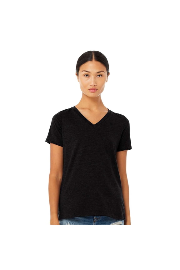 BELLA + CANVAS Women's Relaxed Heather CVC V-Neck Tee, Short Sleeve Solid Black Blend Bulk Tee, XL