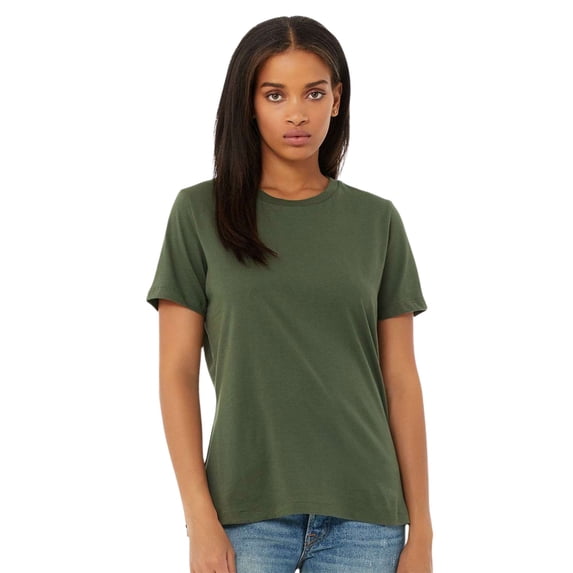 BELLA + CANVAS Women’s Relaxed Jersey Tee 100% Ring-Spun Cotton Short Sleeve Crew Neck T-Shirt (Military-Green, M)