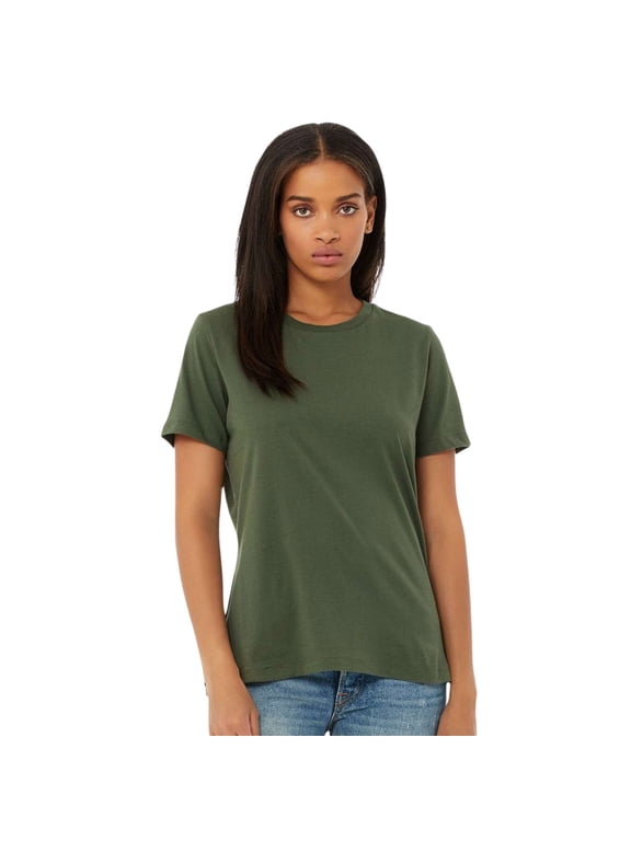 BELLA + CANVAS Women’s Relaxed Jersey Tee 100% Ring-Spun Cotton Short Sleeve Crew Neck T-Shirt (Military-Green, M)