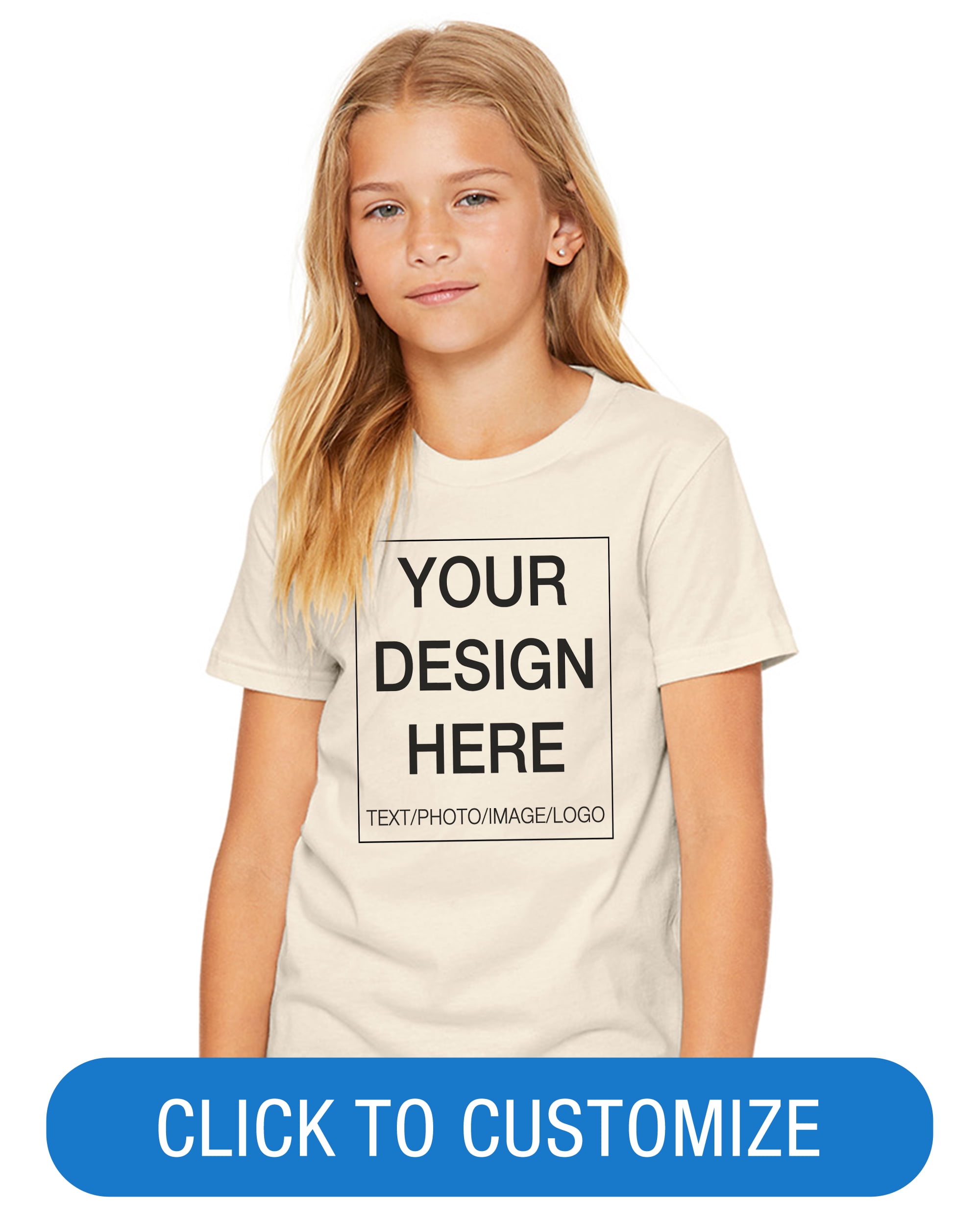 BELLA+CANVAS Youth Crew Neck Personalized T-Shirt, Create your own Designs, Natural, Large, Unisex