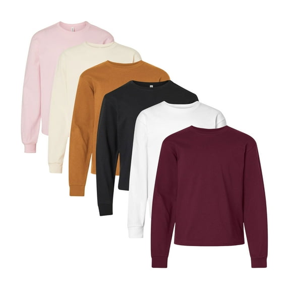 BELLA + CANVAS Youth Heavyweight Long Sleeve T-Shirt, Boxy Fit Assorted Tee Shirts 100% Airlume Ring-Spun Cotton Bulk T-Shirt (Bright Color 6 Pack, S)