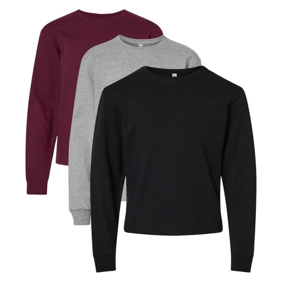 BELLA + CANVAS Youth Heavyweight Long Sleeve T-Shirt, Boxy Fit Assorted Tee Shirts 100% Airlume Ring-Spun Cotton Bulk T-Shirt (Dark Color 3 Pack, M)