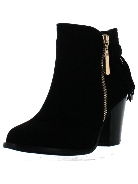 KENZIE-27 Women's Delicate Zip Up Fringe Mid Stacked Ankle Bootie