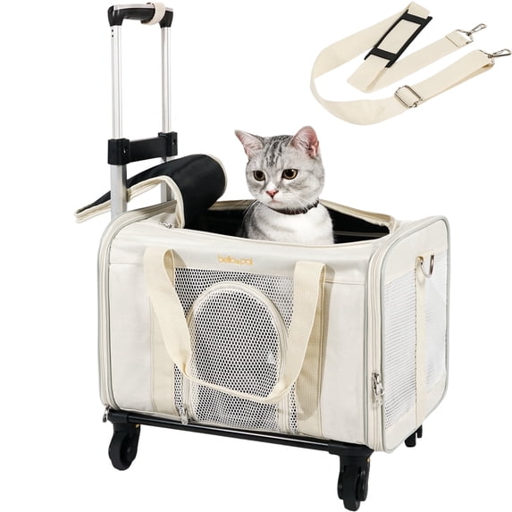 BELLA & PAL Airline Approved Cat Carrier with Wheels, Detachable Rolling Pet Carrier for Kitten & Small Dogs up to 16lbs, Soft-Sided Foldable Puppy Bag , 17.7"×11"×11", Cloud Dancer