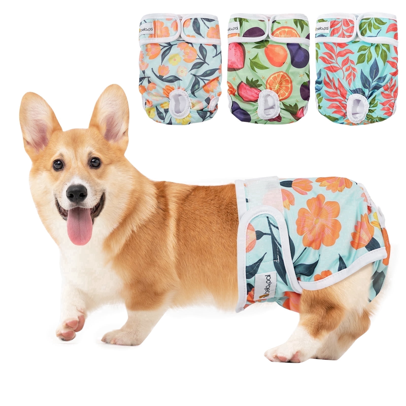 BELLA & PAL Blue Green Floral Female Dog Diapers, 3-Pack, Highly Absorbent Washable Diapers for Small Dogs, Leak-Proof Puppy Diapers, L