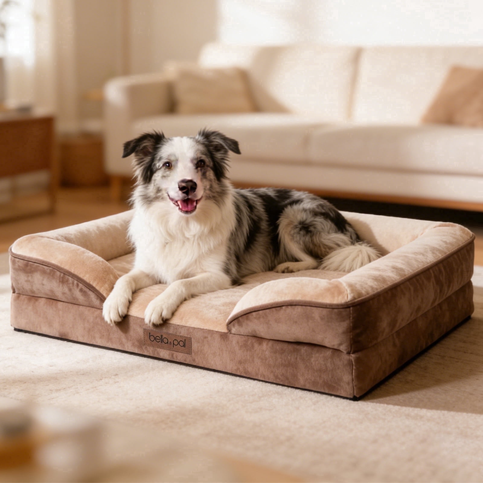 BELLA & PAL Orthopedic Dog Bed for Large Medium Dogs – No Assembly Needed, Egg-Crate Foam Dog Couch with Waterproof Liner, Washable Removable Cover, Non-Slip, 36"x27"x6.5", Mocha