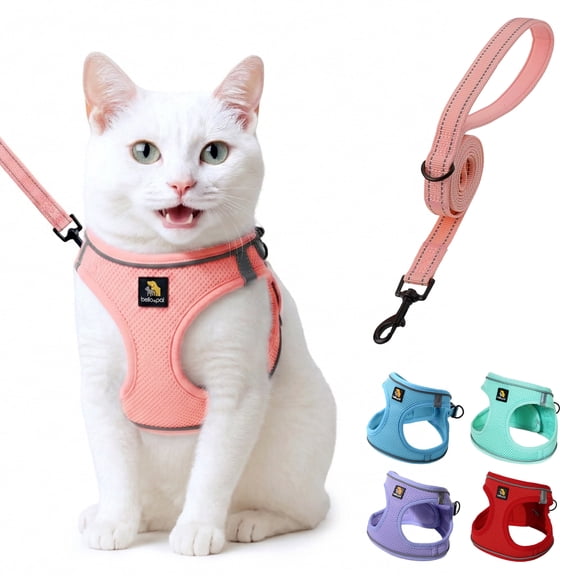 BELLA & PAL Cat Harness and Leash for Walking, Breathable Air Mesh Adjustable Vest Harnesses for Cats, Easy Control Safety Reflective Strips Harness, Pink Harness, XS