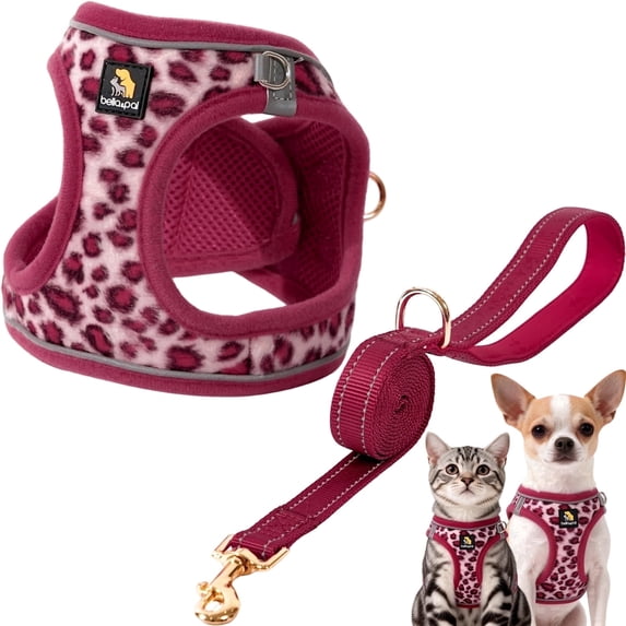 BELLA & PAL Puppy Harness and Leash Set,Reflective Adjustable Dog Harness for Small Dogs No Pull,Step in Soft Mesh Harness for Small and Medium Dogs,Pink Leopard,S