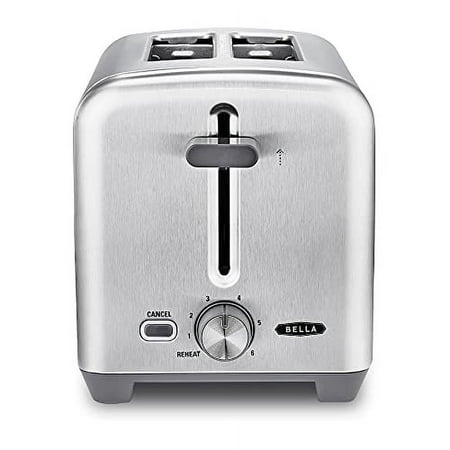 BELLA Stainless Steel 2 Slice Toaster with Extra Wide Slots Removable Crumb Tray - 6 Browning Options, Auto Shut Off Reheat Function - Toast Bread, Bagel Waffle