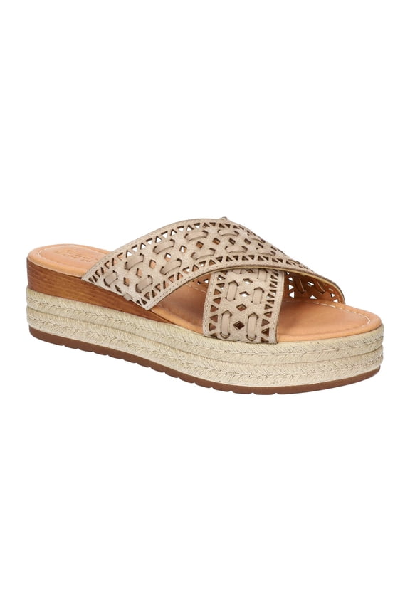 Womens Beige Mixed Media 1.5 Straps Padded Perforated Exa-italy Almond Toe Wedge Slip On Leather Espadrille Shoes 8.5 M