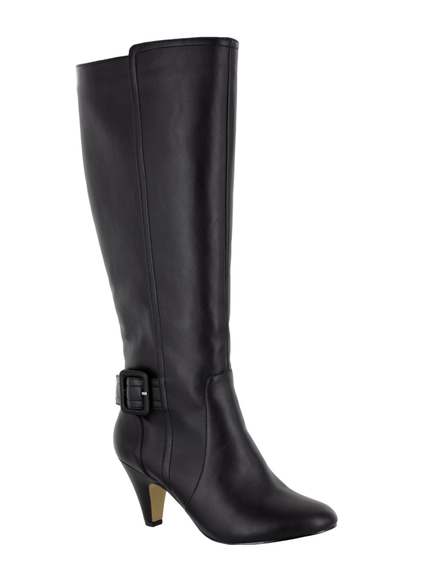 Black Knee High Faux Leather Boots with Cone Heel