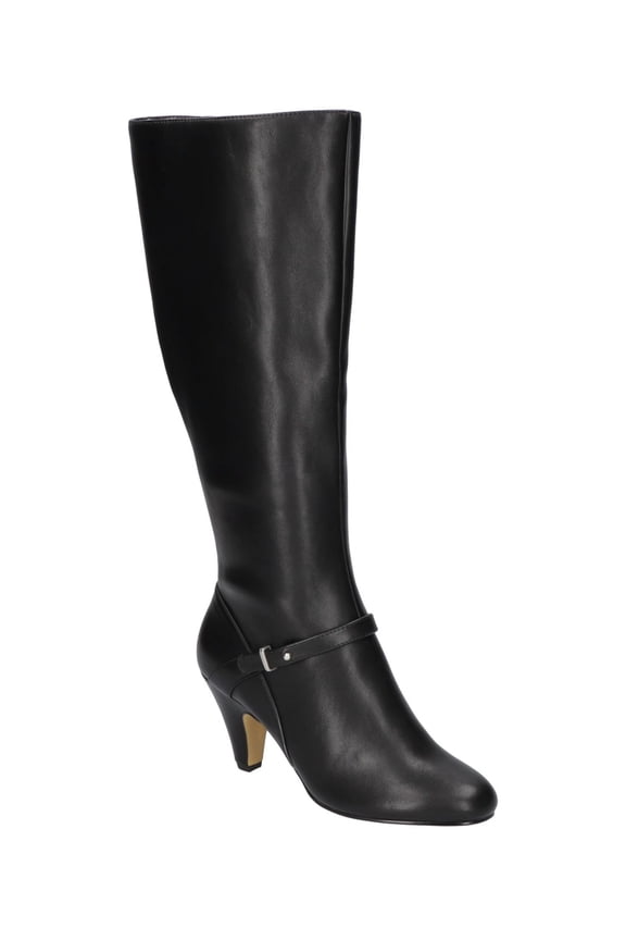 Womens Black Strap Detail Padded Goring Wide Calf Sasha Plus Round Toe Kitten Heel Zip-Up Dress Boots 9 M