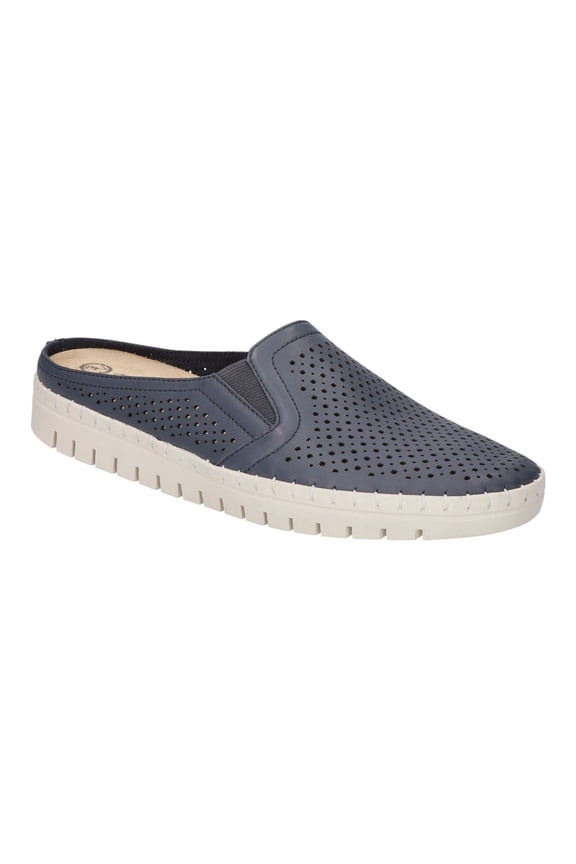 Womens Navy Padded Goring Perforated Refresh Round Toe Wedge Slip On Leather Mules 6 M