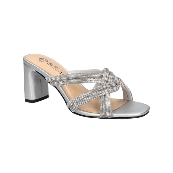 BELLA VITA Womens Silver Embellished Padded Carmen Open Toe Block Heel Slip On Dress Heeled Sandal 5.5 M