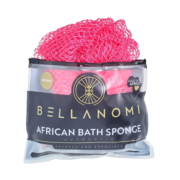 Bellanomi African Net Sponge Classic Texture Body Scrubber, 45 in Back Washer, Quick Dry Exfoliating Bath Sponge, Adult, Pink