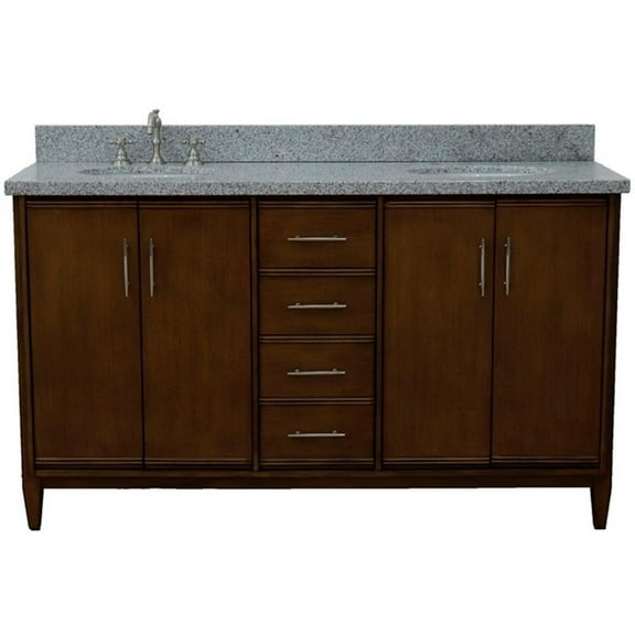 MCM 61" Double Oval Sink Solid Wood Vanity in Walnut/Gray Granite Stone