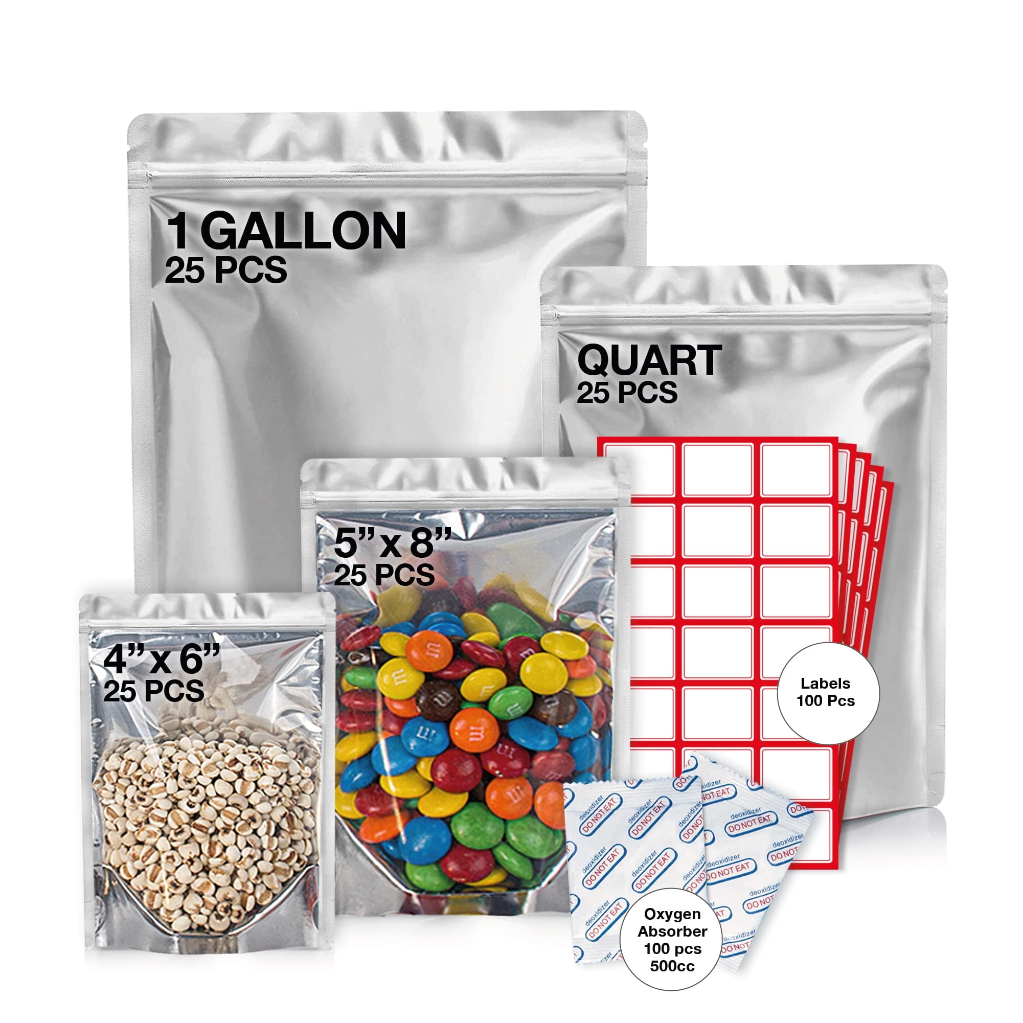BELLE KR® 100 Pcs Mylar Bags for Food Storage With Oxygen Absorber