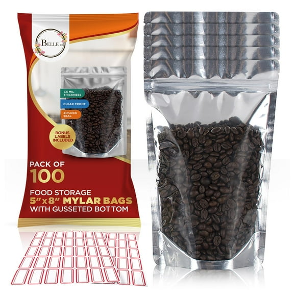 BELLE KR 5x8 Mylar Bags for Food Storage - Pack Of 100-7.5mil Thickness - Stand Up Clear Mylar Bags with Window - Resealable Bags for Packaging - Labels Included