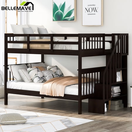 BELLEMAVE Full over Full Bunk Beds for Kids, Kids Bunk Beds with Storage Stairs and Full-Length Guardrail, Convertible Into 2 Bed, No Box Spring Needed(Espresso)